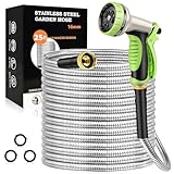 GOXAWEE Garden Hose 25FT, Stainless Steel Heavy Duty Water Hose With 10 Function Nozzle, No-Kink, Tough & Flexible, Sturdy and Lightweight, Rust Proof for Yard, Outdoor, RV