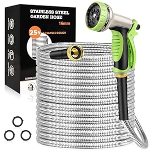 GOXAWEE Garden Hose, Stainless Steel Heavy Duty Water Hose With 10 Function Nozzle, No-Kink, Tough & Flexible, Sturdy and Lightweight, Rust Proof for Yard, Outdoor, RV (25FT)