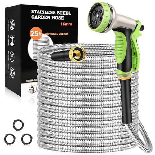 GOXAWEE Garden Hose 25FT, Stainless Steel Heavy Duty Water Hose With 10 Function Nozzle, No-Kink, Tough & Flexible, Sturdy and Lightweight, Rust Proof for Yard, Outdoor, RV