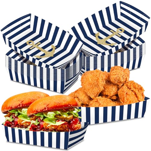 KERINGO No Folding Required 50 Pack 2 Lb Nautical Party Food Trays Nautical Plates Birthday Party Supplies Nautical Themed Nacho Holders Paperboard Tray Disposable Serving Trays