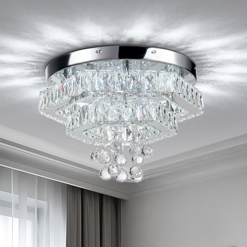 Warmiehomy 38cm Crystal LED Ceiling Light,2-Tiers Crystal Chandelier with K9 Crystal,36W,Flush Mount Chandelier Ceiling Light for Living Room Bedroom Hallway(6500K Cool White)