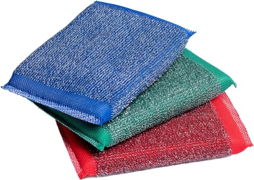 Image of 3Pcs Muticolor Iron Scouring Pads - Incredibly Tough, Heavy Duty and Long-Lasting Scrubbing Sponges. for Pots, BBQ Grills, Microwaves and Stovetops Household Cleaning Sponges (Blue, Green, Red)