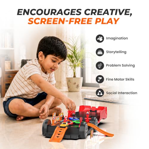 Image of Mirana Car-in-Car Garage Toy for Kids | 4 Diecast Metal Alloy Cars Playset | Foldable Storage with Handle | Store Upto 16 Vehicles | Birthday, Diwali, Return Gift for Boys & Girls 18+ Months (Red)
