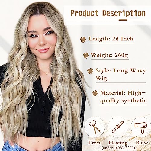 Hanyudie Ombre Blonde Wig Long Wavy Wig For Women Middle Part Wavy Wigs Synthetic Heat Resistant Party Wigs (Ombre Ash Blonde) #TOP1