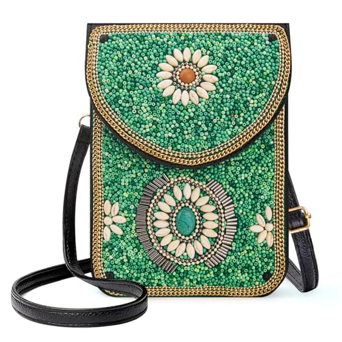 Image of Small Beaded Crossbody Bag for Women, Boho Cell Phone Shoulder Purse Wallet with Handcrafted Colorful Beads