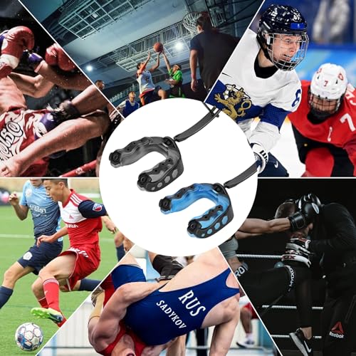 Athletics Mundschutz Mit Riemen 2 Stück - Geeignet für American Football, Kampfsport, Mma, Boxen, Taekwondo, Hockey - Großes Schwarz Und Großes Blau