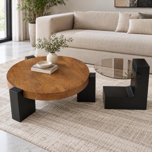 Image of The Attic Josephine Coffee Table Set, Glass Coffee Table, Wooden Centre Table, Modern Table for Living Room
