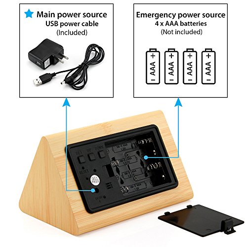 OCT17 Wooden Wood Clock , 2020 New Version LED Alarm Digital Desk Clock Adjustable Brightness, Alarm Time, Displays Time Date Temperature - Bamboo (White Light) - Thumbnail 2