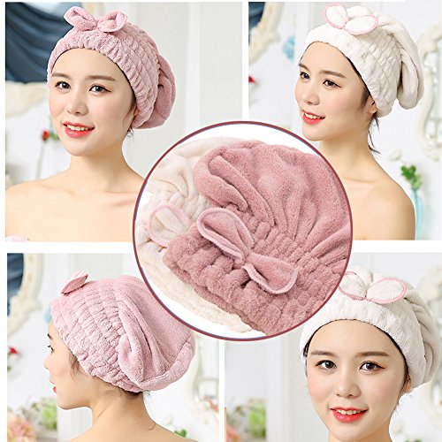 SweetCat 2PC Microfiber Hair Drying Caps, Extrame Soft & Ultra Absorbent, Fast Drying Hair Turban Wrap Towels Thick Fluffy Shower Cap for Girls and Women (Pink+Beige)