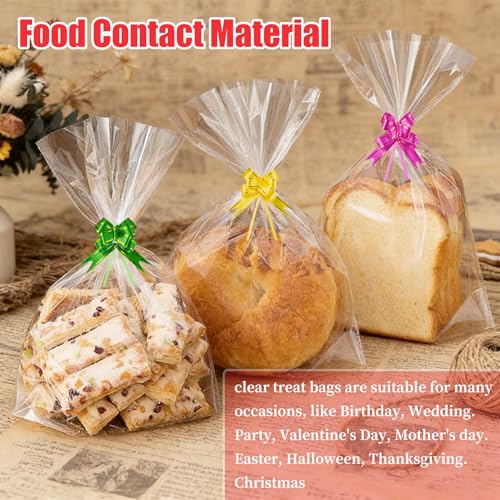 50 Stück Cellophantüten,15 x 30 cm Transparente Cellophantüten Tüten Zum Befüllen Verpackungstüten mit 50 Geschenkschleife,mit Krawatten für Brot Biscuit Schmuck Hochzeit Snacks Keks Party