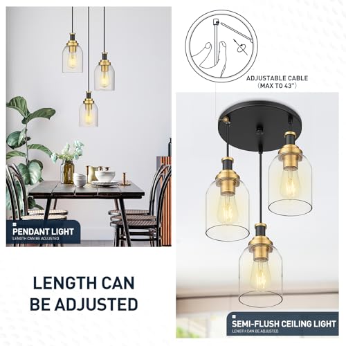 Image of zeyu 3-Light Pendant Light Fixture, Modern Cluster Pendant Lighting, Hanging Light Fixture for Kitchen Island, Clear Glass Shade, Black and Gold Finish, ZG33-3 BK+BG