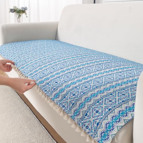 Image of HOKIPO Sofa Cover Mat with Tassel | 300 GSM Cotton Acrylic Jacquard for 3 Seater Sofa,'Trivana Series' Aqua Blue (IN-936-J7*S)