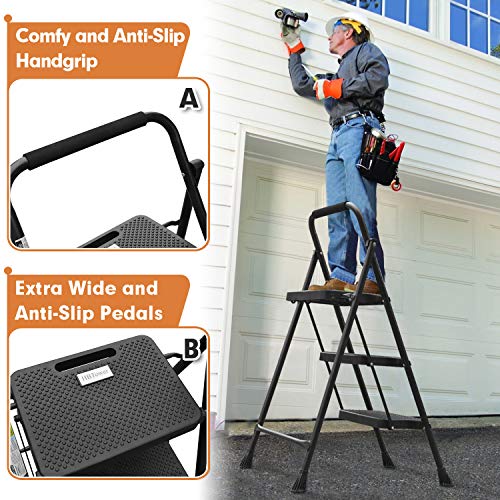 HBTower 3 Step Ladder, Folding Step Stool with Wide Anti-Slip Pedal, Sturdy Steel Ladder, Convenient Handrail, Lightweight, Portable Steel Step Stool - Image 5