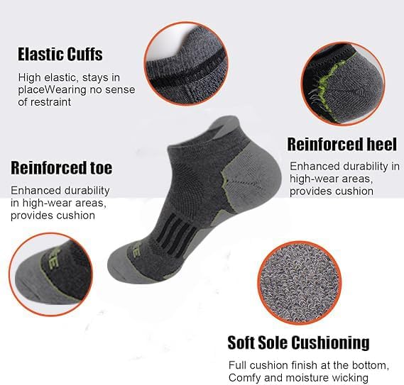 JOYNÉE 6 Pairs Mens Ankle Running Socks Men Low Cut Athletic Socks with Cushion,Grey,Sock Size:10-133