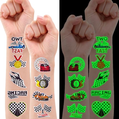 Image of 96 PCS Checkered Flag Pre-Cut Luminous Glow in the dark Temporary Tattoos | Super Cute Themed Birthday Party Favors, Supplies, Decorations, Race Car Fake Tattoo Stickers Gifts for Boys Girls