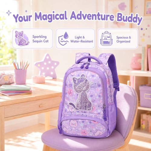 Jumpopack Cat Backpacks for Girl School Backpack for Girls Elementary Girls Backpack with Lunch Box Back to School Bag Bookbag (Sequin Cat - image 7