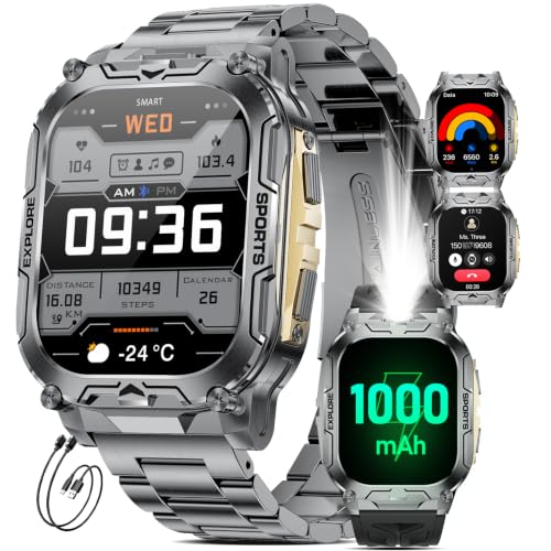 Image of HIRREO TX12 Military Smart Watch for Men, 1000 mAh Battery/LED Flashligh/2.01'' HD Fitness Tracker Watches, 100+ Sports Mode/Pedometer/Sleep/IP68 Waterproof Smartwatch for Android iOS, Black-Gold