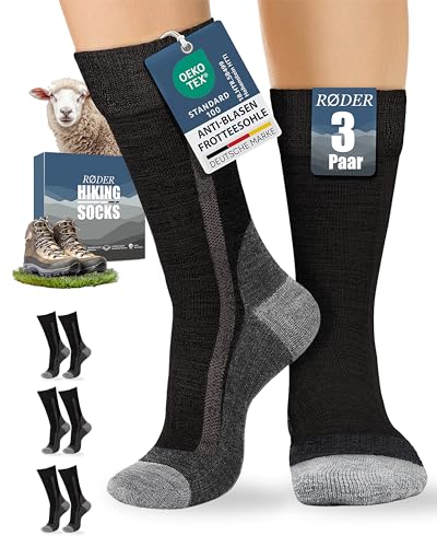 RØDER 3 Paar Wandersocken Herren Damen – 40 % Merinowolle, atmungsaktiv & gepolstert, kein Schwitzen, rutschfest & blasenfrei – ideal für Wandern, Trekking & Outdoor – (Schwaz,39-42)