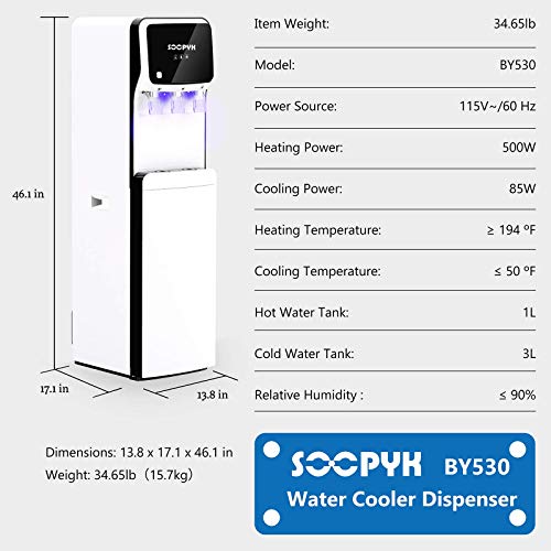 SOOPYK Water Dispenser, Bottom Load Water Cooler with Self Cleaning for 3-5 Gallon Bottle, 3 Temperatures Setting, Durable Steel Frame, Child Safety Lock, Removable Drip Tray for Home Office