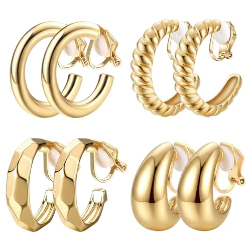 Image of 8 Pieces Gold Clip on Earrings Women, 4 Styles Clip on Hoop Earrings, Elegant Gold Ear Clips Non Pierced Clip on Earrings for Women Daily Party Wear