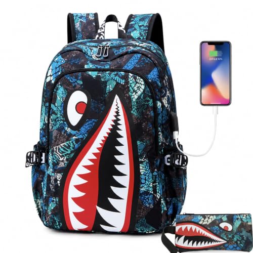 Qoapoctb Fashion Shark Colorful Backpack Lightweight Water Resistant Lingting Blue