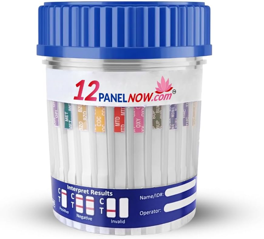 12 Panel Drug Test Kit with PCP, Detects AMP, MOP/OPI, MET, BZO, COC, MTD, OXY, BUP, MDMA, THC, BAR, PCP, CLIA Waived, Built-in Temperature Strip, Leak-Resistant (200)