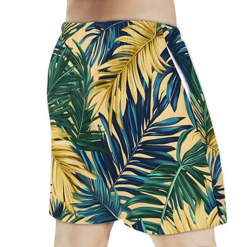 Men's Swim Trunks Size S Leaf Printing with Mesh Lining Soft Breathable Quick Dry Beach Shorts Blue Green3