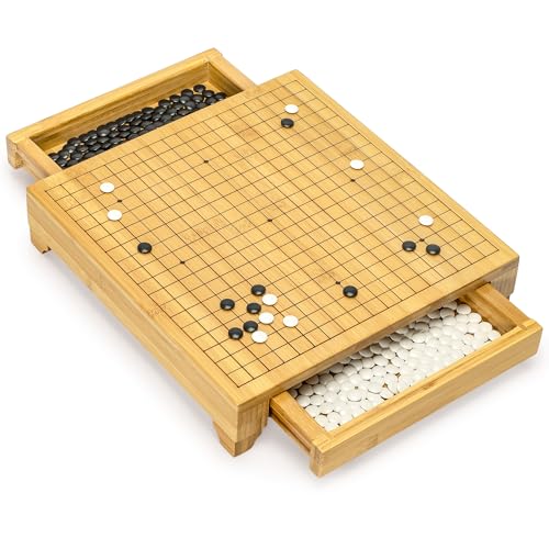 Bamboo Go Game Set 12.6 x 12.2-Inch Wooden Board with Pull-Out Storage Drawers & Double Convex Melamine Stones Full-Size Baduk/Weiqi Strategy Game by Yellow Mountain Imports