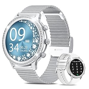Smartwatch Damen mit Telefonfunktion 1.32″ Zoll HD AKUMAKA Diamond Love, Armbanduhr SpO2 Pulsmesser Schlafmonitor Menstruationszyklus Schrittzähler Musikplayer Android iOS Silber, Geschenke für Frauen
