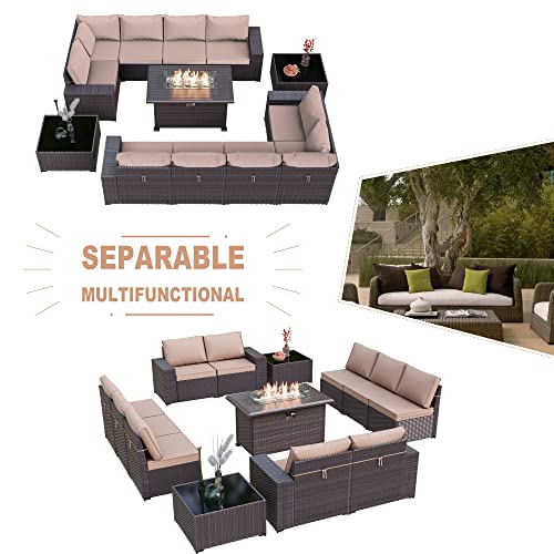 Kullavik 13 Pieces Outdoor Patio Furniture With 43" 55000Btu Gas Propane Fire Pit Table Pe Wicker Rattan Sectional Sofa Patio Conversation Sets,Sand #TOP3