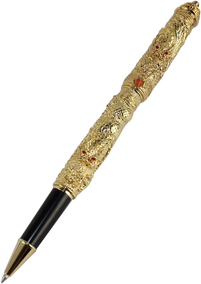 Gullor Classic Golden Double Dragon 3D Carved and a Temple of Heaven style pen cap Rollerball pen