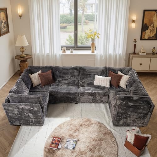 Image of ovios Modular Sectional Sofa Couch with U-Shape Chaises Convertible, Comfy Plush Corduroy Cloud Couches, Modern Luxury Deep Seat Sofas Set for Living Room, 6-Seater, Grey