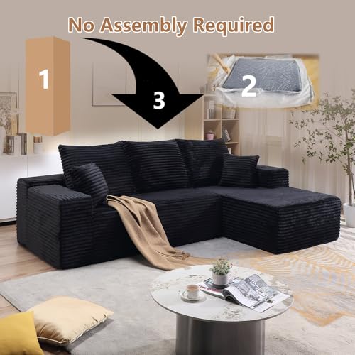 Image of 107 inch W Modular Sectional Sofa, Upholstered Corduroy Cloud Couch with Deep Seat, Modern 3-Seater L-Shaped Sofa for Living Room, No Assembly Required (Black, Right-Facing Chaise)