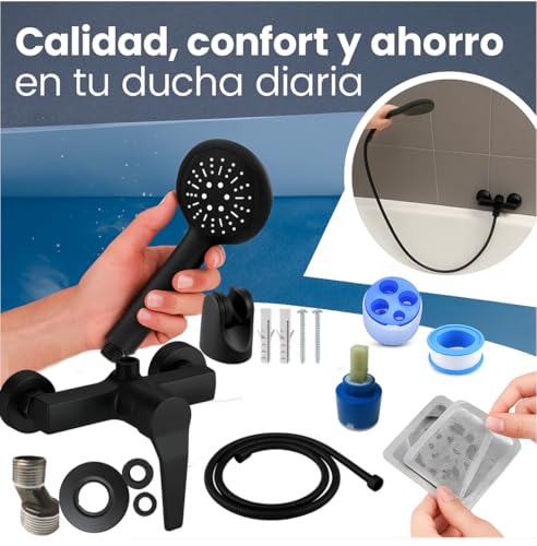 Miniatura 2 de Grifo Ducha Monomando Negro Mate Baño Minmalista, Sofisticado Y Moderno Cabezal Redondo Con 3 Modos Manguera 1,5m Antihuellas Cartucho Repuesto Cerámico Kit Resistente Y Duradero