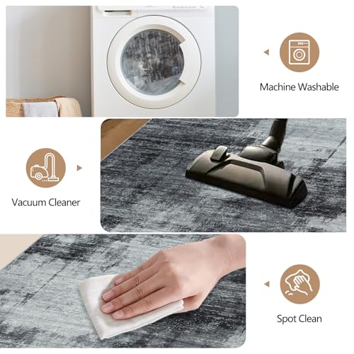 Famibay Teppich Wohnzimmer 140x200cm Waschbar Teppich Schlafzimmer Kurzflor Schwarz Grau Wohnzimmerteppich Modern Abstrakt für Wohnzimmer Schlafzimmer Esszimmer