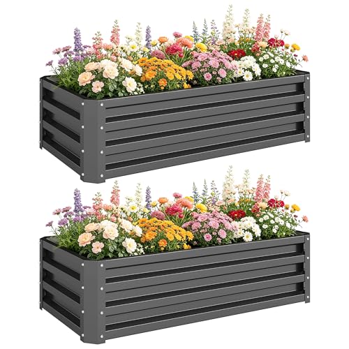 Outsunny Juego de 2 Jardineras Exterior Grandes de Acero Galvanizado, Huertos Urbanos, Maceteros Exterior Elevados para Plantas, Flores, Terraza, Jardín, Resistente a la Intemperie, 110x50x30 cm, Gris