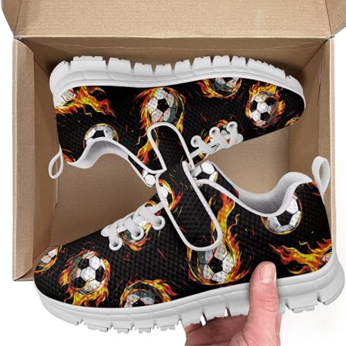 Little Kid Shoes for Boys & Girls Breathable Tennis Running Sneakers for Kids Fire Soccer Pattern（White Sole）2