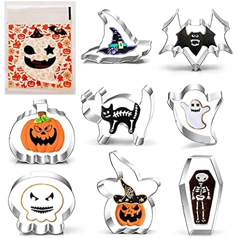 Halloween Cookie Cutter Set-8 Piece-Pumpkin, Ghost, Skull, Coffin, Witch Hat and Scared Cat Biscuit Cookie Fondant Cutters, with 100-Pack Ghost Cookie Candy Biscuit Bag Cover