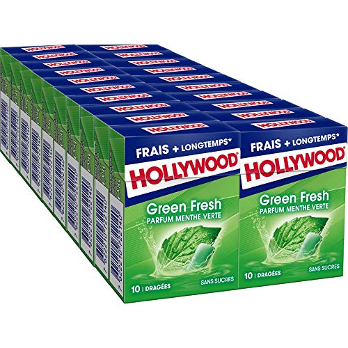 Hollywood Greenfresh - Chewing-gum sans sucres parfum Menthe Verte - Lot de 20x10 dragées