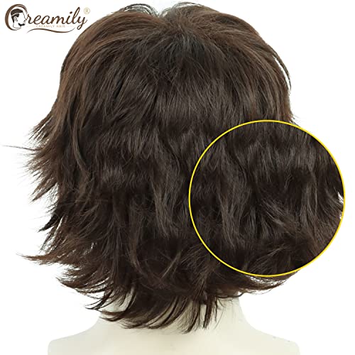 Image of Creamily Short Curly Hair Big Wig for Man,Brown Natural Cosplay for Men,Realistic Man Hair Wig,Layered Fluffy Wolf Cut Wigs (Brown, 10inches)