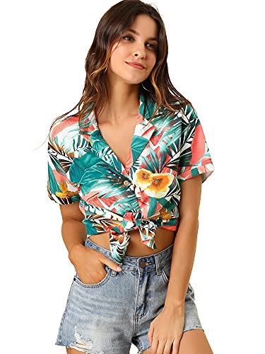 Allegra K Women's Hawaiian Shirts Floral Top Printed Short Sleeve Button Down Shirt Summer Tropical Tops