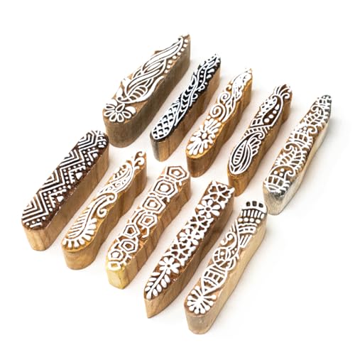 Image of Hashcart Wooden Indian Traditional Design Printing Stamps / Blocks for Printing Saree Border / Dresses / Craft Card Making / Scrapbook / Clay Pottery (Set of 10)
