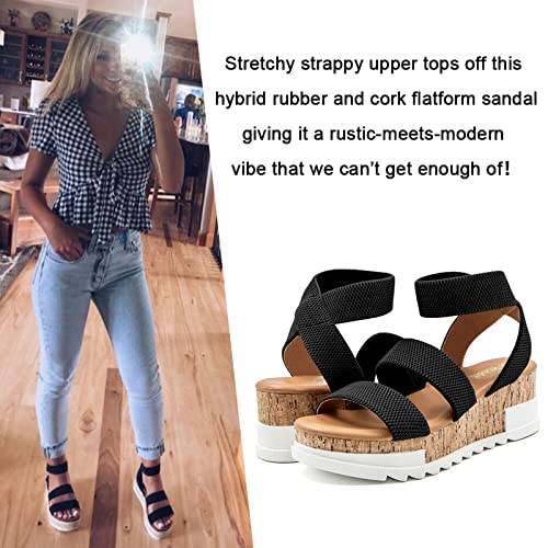 Athlefit Women's Wedge Sandals Platform Sandals Cork Elastic Strap Sandals Size 7.5 Black #TOP2