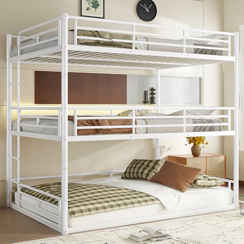Image of Queen Over Queen Over Queen Bunk Bed with Safety Guardrails, Modern Metal Triple Bed Frame for Kids, No Box Spring Required, White