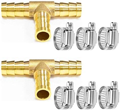 Da by 2 pcs 3/8"(10mm) Brass Tee Barb Fittings for 3/8" ID Hose,6 pcs Stainless Steel Pipe Clamps,3 Way Union Intersection for Water/Fuel/Air(T)