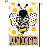AVOIN colorlife Summer Polka Dot Bee Welcome Garden Flag 12x18 Inch Double Sided Outside, Seasonal Holiday Burlap Yard Outdoor Decoration