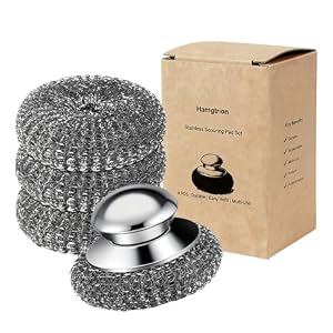 Steel Wool Scrubber, 4-Pack Stainless Steel Scrubber Pads with Handle – The Ultimate Scouring Solution for Rust, Stubborn Messes on Cookware, Grill, Oven & Kitchen Sinks