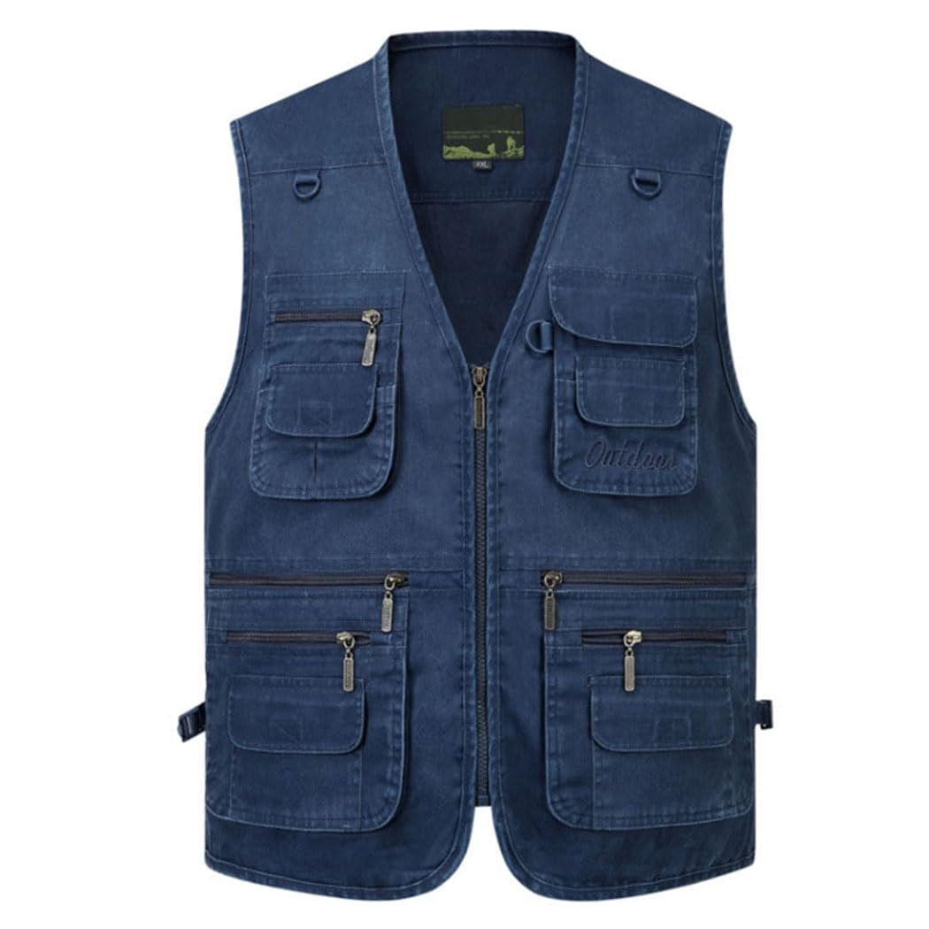 Homme Multi-Poches Gilet de Pêche Gilet de Plein Air Veste sans Manches Bleu