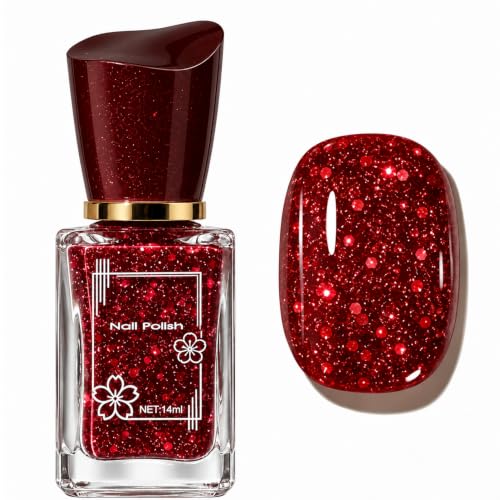 EONFAVE Ruby Red Glitter Nail Polish, Quick Dry, Glossy Finish, 14 mL
