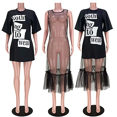 Womens Sexy 2 Pieces Letter Printed Dress Shirts Mesh Ruffles Cover Up Dress Bodycon Party Clubwear Dress Outfits Set3